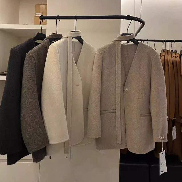 BOBO冬新款3073简约气质V领挂脖飘带双面羊毛大衣高级感西装外套