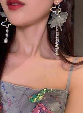 925银针锆石珍珠耳环女小众高级感风仙女耳钉流苏耳饰气质