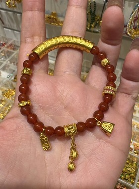 新中式国潮风古法百福弯管红玛瑙多宝手链胖福六字真言流苏手串