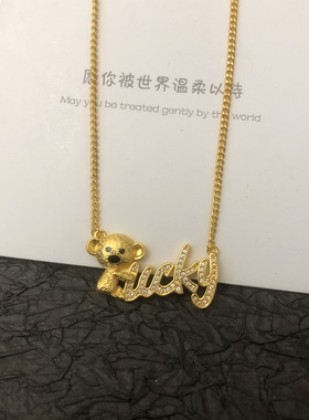 新中式国潮风古法点钻小熊lucky项链可爱精致风套链送女友礼物