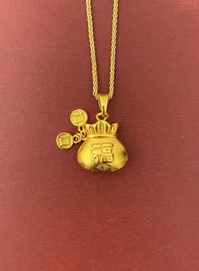 新中式国潮风古法点钻拉丝福袋吊坠钱袋福气满满项链男女同款福袋