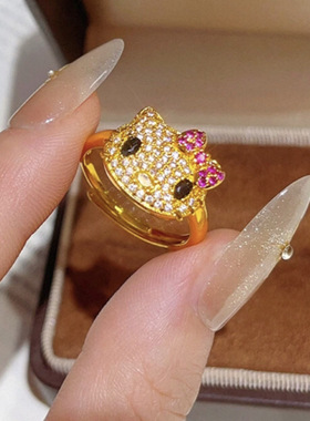 新中式国潮风满钻镂空kitty猫戒指凯蒂猫咪蝴蝶结开口指环送女友