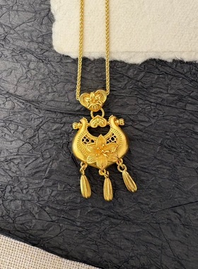 新中式国潮风古法花丝百合花如意锁包项链气质流苏百合如意毛衣链