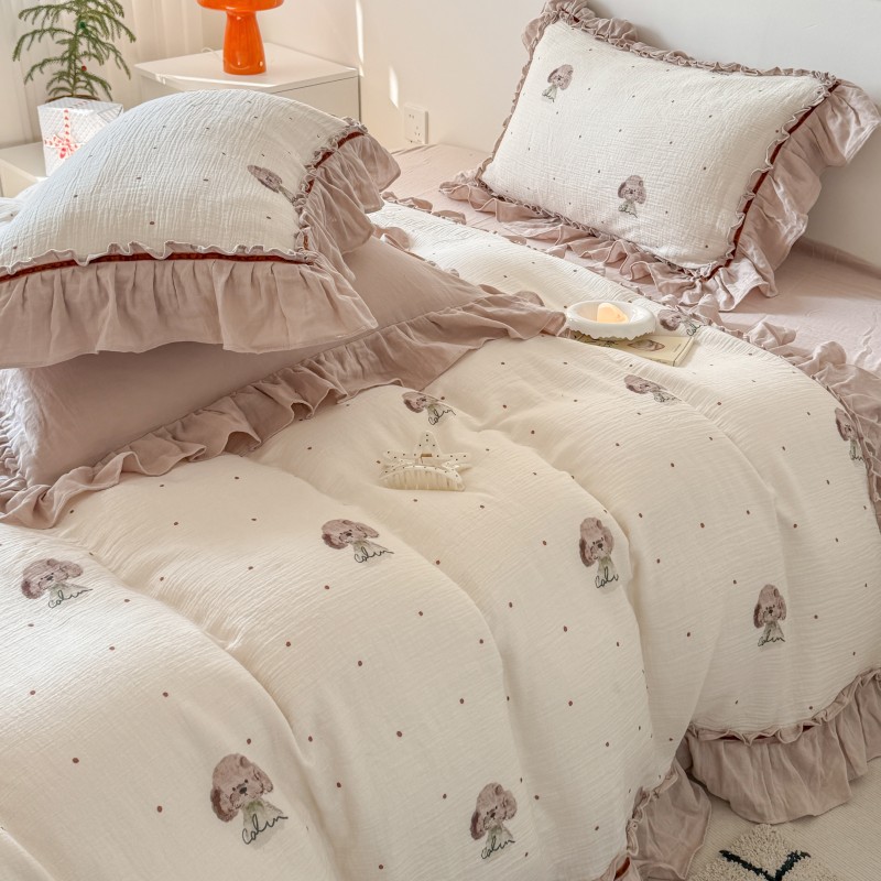 春夏卡通可爱狗狗纯棉皱皱纱四件套少女全棉双层纱被套公主风床品 - 图1