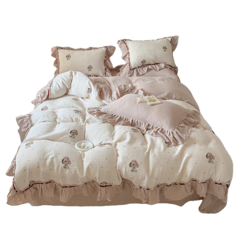 春夏卡通可爱狗狗纯棉皱皱纱四件套少女全棉双层纱被套公主风床品 - 图3