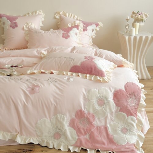 可爱少女心纯棉四件套小清新花卉刺绣花边被套全棉公主风床上用品 - 图0
