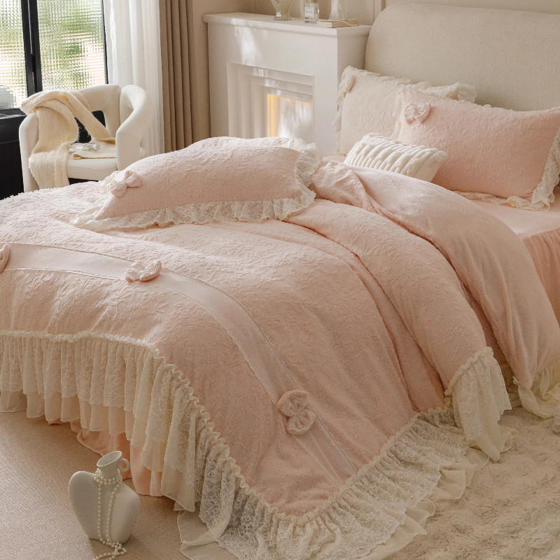 冬季超仙少女粉色加绒加厚四件套公主风毛绒珊瑚牛奶绒蕾丝边被套