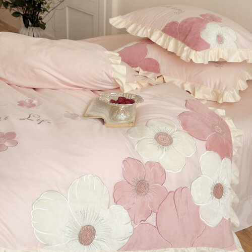 可爱少女心纯棉四件套小清新花卉刺绣花边被套全棉公主风床上用品 - 图2