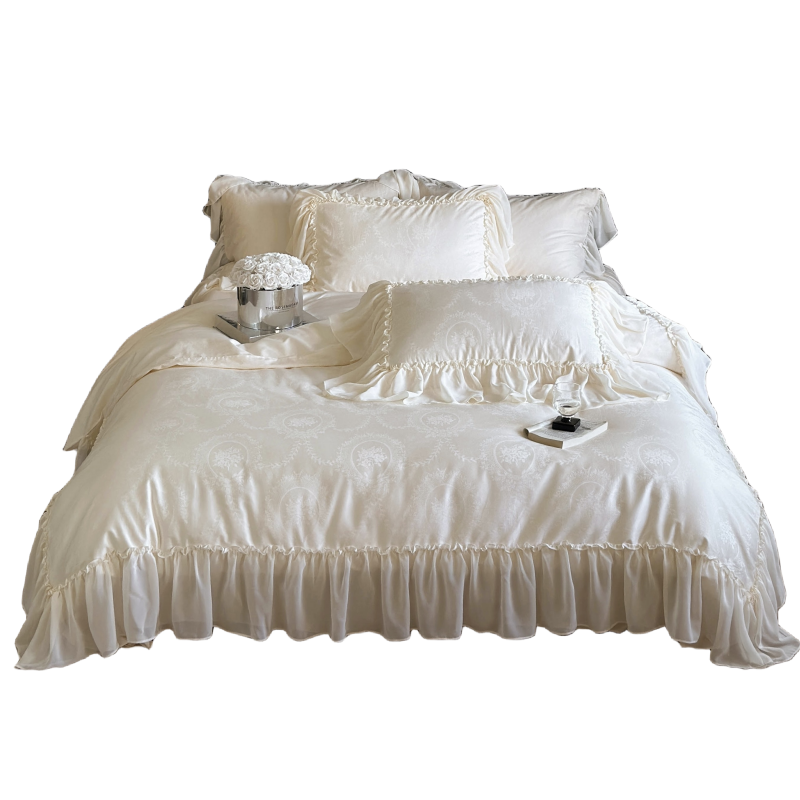 高级感法式蕾丝边四件套纯棉100支全棉贡缎提花被套床单床上用品