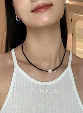 NEW时尚欧美颈链黑玛瑙串珠天然珍珠吊坠短款项链女锁骨链chocker