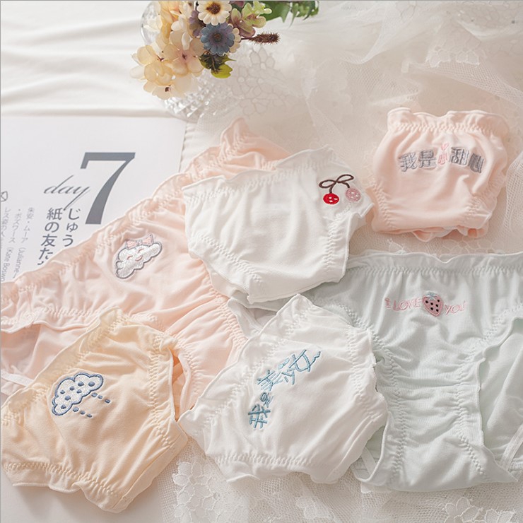 N604舒适女士低腰人棉面料透气甜美可爱刺绣女生内裤M/L/XL - 图1