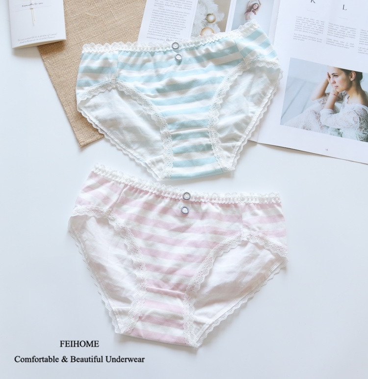 N405舒适女生学生内裤女式短裤中腰纯棉清新扣子条纹甜美可爱 - 图1