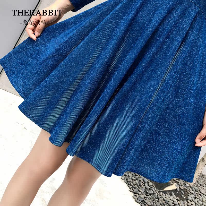 小个子春秋2020新款高腰闪闪晚礼服 兔子领袖连衣裙