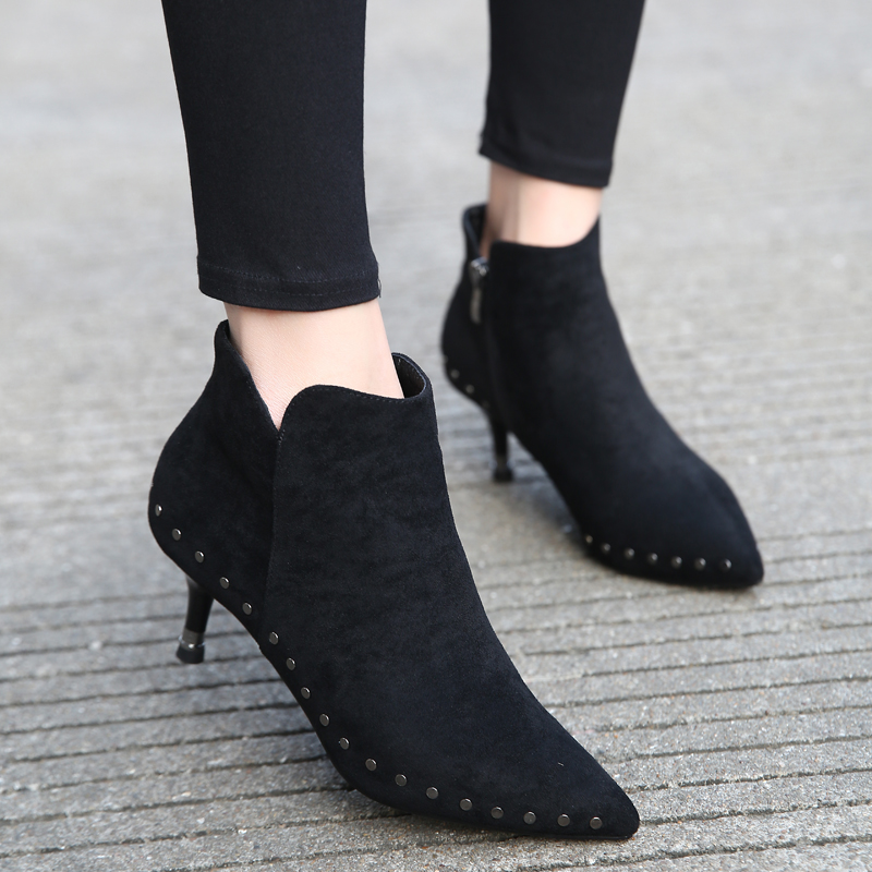 2023新款高跟短靴女秋冬季细跟尖头中跟裸靴女靴加绒小跟单靴5CM - 图2
