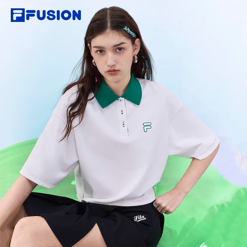 FILA FUSION斐乐潮牌女子短款短袖POLO衫2024夏新款撞色针织上衣 - 图3