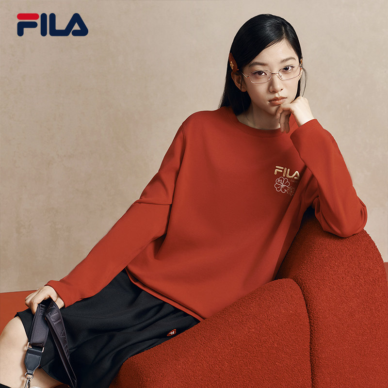 马上起飞FILA斐乐男女长袖T恤2026春新款情侣海棠花红色新年长T恤,淘宝优惠券,粉丝福利购,淘宝优惠卷
