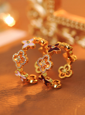 幸运四叶草气质重工经典精美百搭花朵开口戒指批发代发