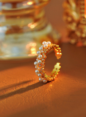 真金电镀圆形珍珠锆石开口戒指轻奢高级感食指戒时尚通勤气质手饰