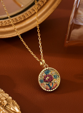 莫奈花园中古油画风铜镀真金项链万能扣吊坠高级感轻奢小众锁骨链