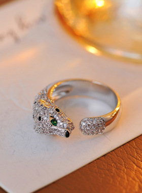 轻奢豹子头开口戒时尚镶钻个性ins风潮复古高级气质戒指批发代发