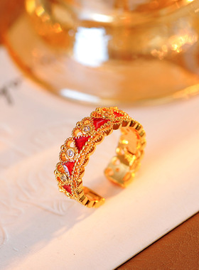 复古宫廷风红色滴釉戒指镶嵌锆石时尚高颜值设计新中式批发代发