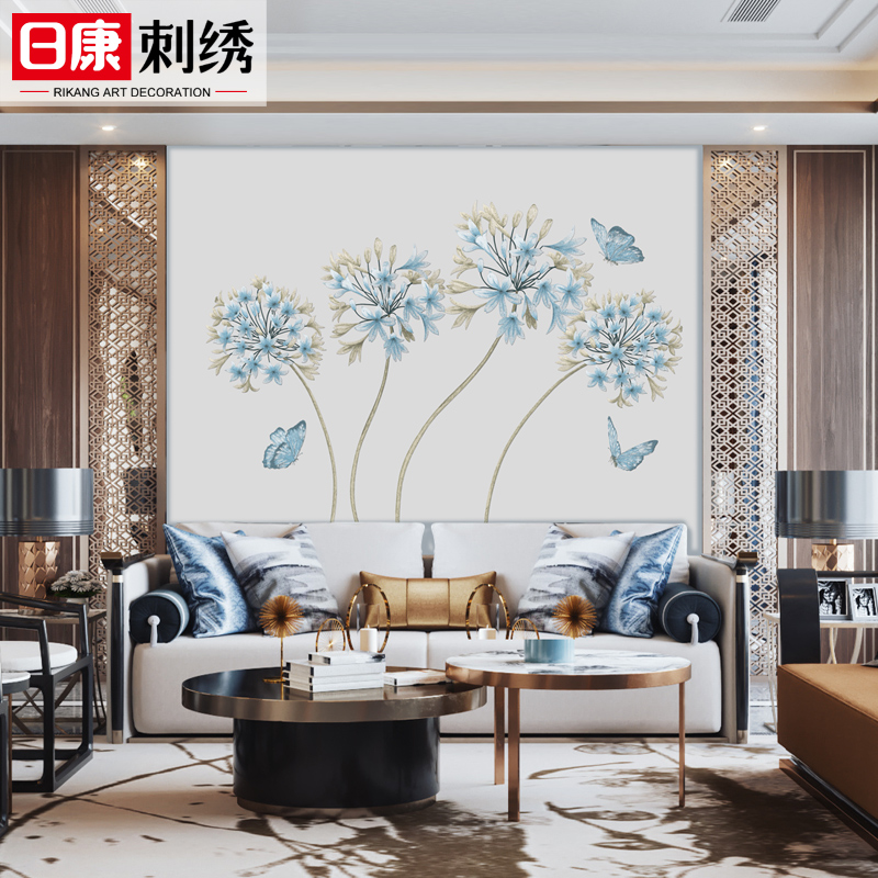独绣刺绣墙布卧室床头书房客厅餐厅沙发电视背景中式壁布春风化蝶