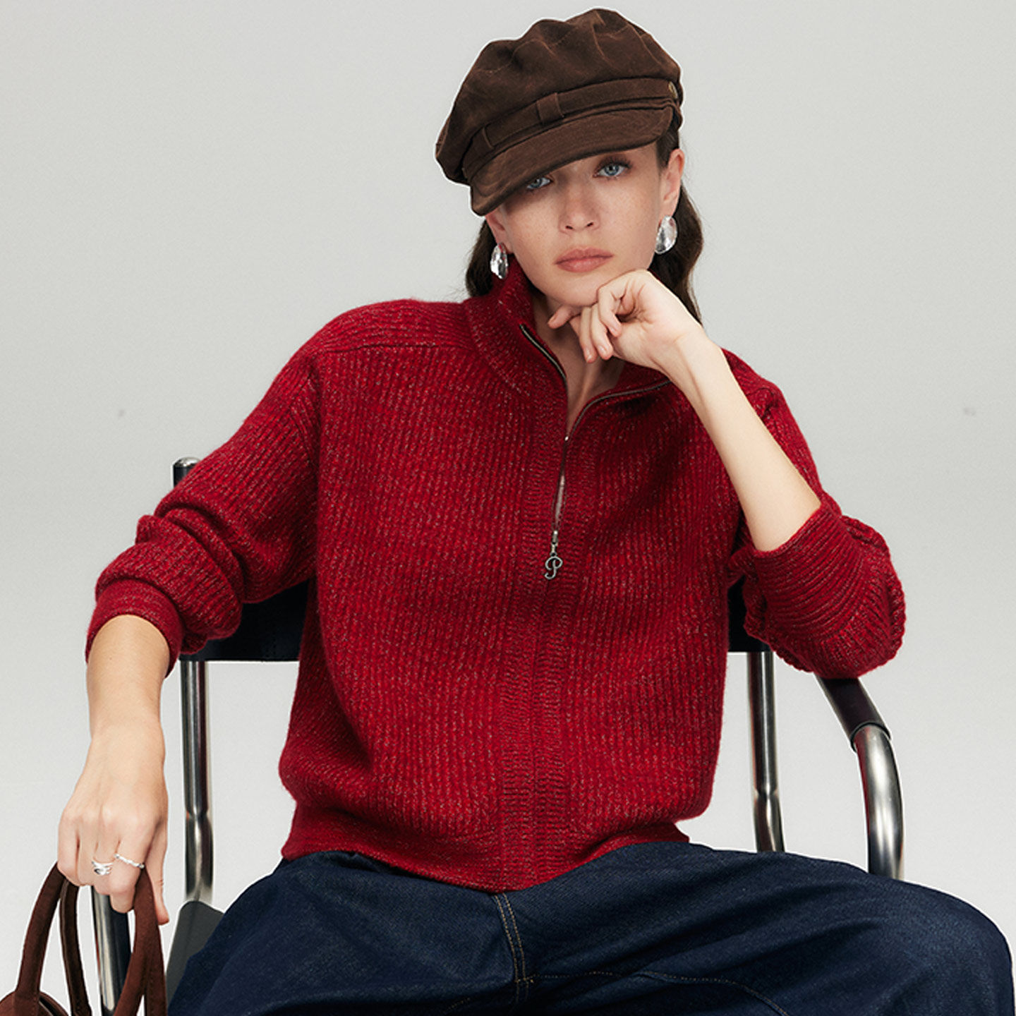 PALUOPO/帕罗极简风红色立领拉链针织开衫女长袖羊绒衫显瘦上衣,淘宝优惠券,粉丝福利购,淘宝优惠卷