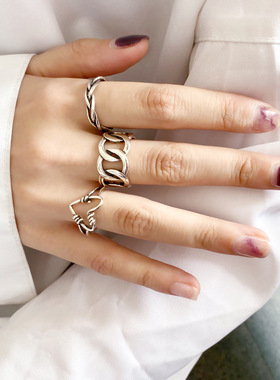 日韩复古叠戴组合戒指女ins个性简约嘻哈朋克风开口食指环