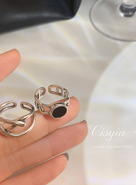 饰尚e族几何黑色圆形镂空戒指女复古时尚开口指环ins小众食