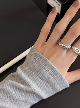 饰尚e族几何斜纹戒指女韩版个性时尚百搭微笑脸开口指环in