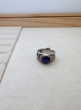 饰尚e族蓝色圆形锆石戒指女宽边浮雕精致花纹开口指环ins食