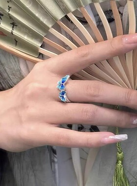 甜美彩色立体蝴蝶戒指女ins风小众设计感开口指环个性百搭食指戒