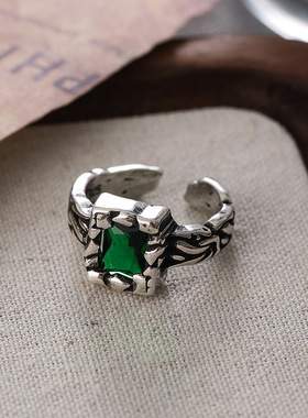 饰尚e族小众方块戒指女几何个性时尚绿色锆石S925镀银开口指环嘻