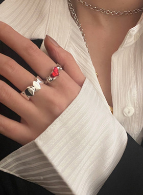 饰尚e族红色爱心戒指女韩版时尚个性几何叠戴开口指环嘻哈