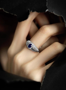 饰尚e族精致蓝色锆石戒指女法式复古优雅纹理开口指环甜酷