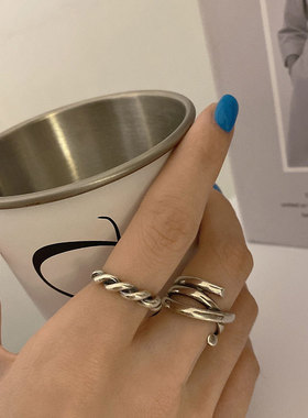 饰尚e族韩版S925镀银线条交叉戒指女复古简约麻花开口指环欧美个