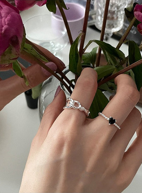 饰尚e族黑色爱心戒指女时尚简约气质麻花开口指环嘻哈文艺