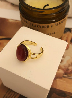 法式高级感红宝石复古戒指女韩版ins网红气质开口食指戒潮