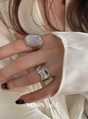 韩版椭圆贝母戒指女复古时尚几何不规则开口指环嘻哈食指戒