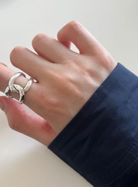 饰尚e族简约线条交叉戒指女复古时尚重工气质镂空S925镀银开口指