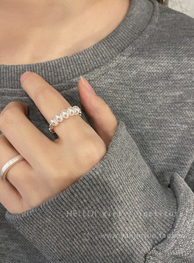 饰尚e族甜酷叠戴拉丝光圈戒指女时尚气质优雅珍珠碎银指环
