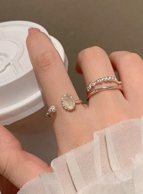 饰尚e族甜美叠戴双层戒指女时尚个性气质白色椭圆月光石开口指环