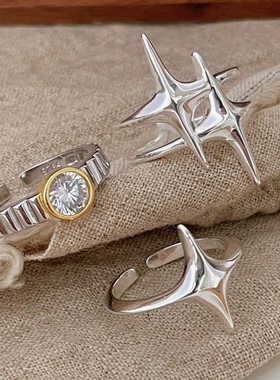 饰尚e族炫酷星芒戒指女几何四芒星气质个性S925镀银开口指环ins食