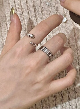 饰尚e族冷淡风水滴戒指女时尚简约气质个性S925镀银开口指环网红