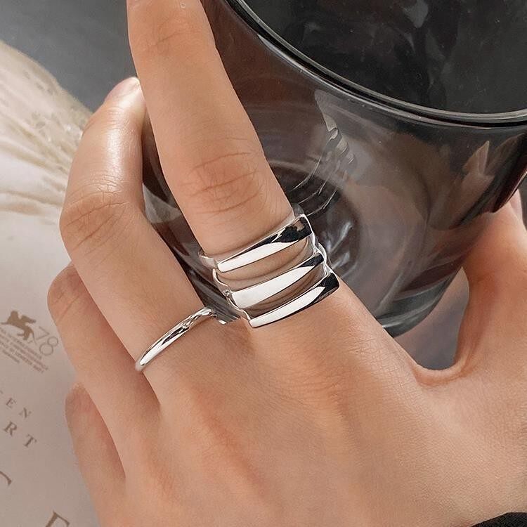 S925 three-layer retro fashion hip-hop stacking ring for women