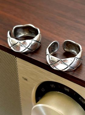 饰尚e族几何菱形格戒指女简约时尚波浪S925镀银开口指环ins风小众