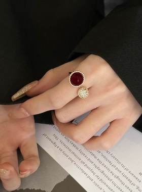 饰尚e族半圆红色锆石戒指女甜美花蕊轻奢气质开口指环网红