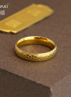 钛钢蜂巢设计金色复古龙鳞片戒指