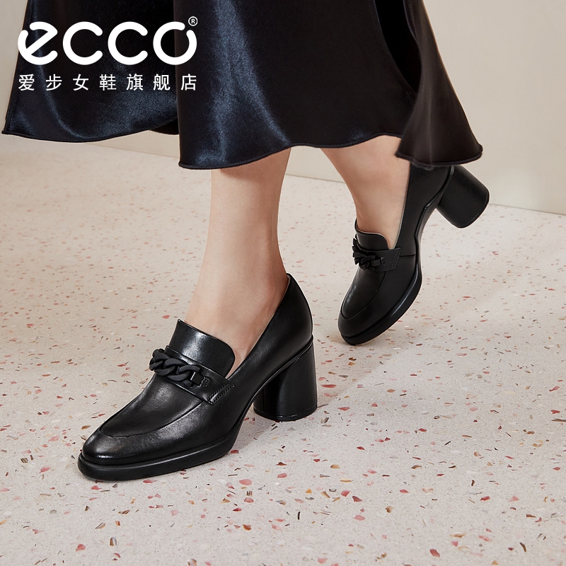 ECCO爱步女鞋高跟鞋 新款真皮粗跟单鞋皮鞋乐福鞋 雕塑奢华222643