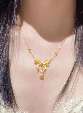 新款古法黄金色蝴蝶结项链女高级感轻奢小众设计锁骨链送女友礼物